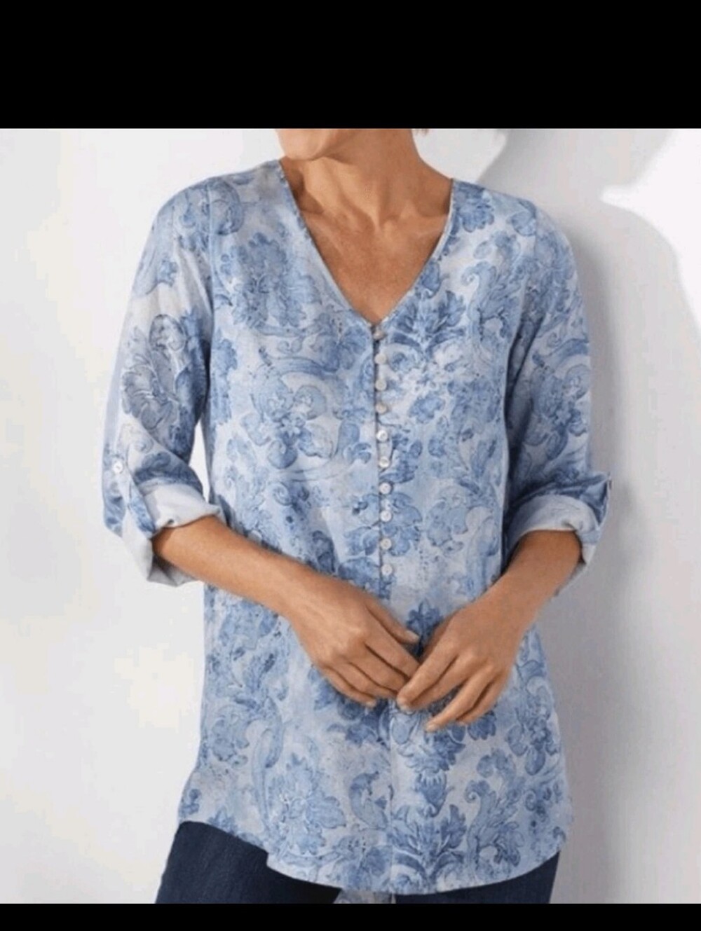 Soft Surroundings Tencel‎ Roll Tab Sleeve Blouse Small